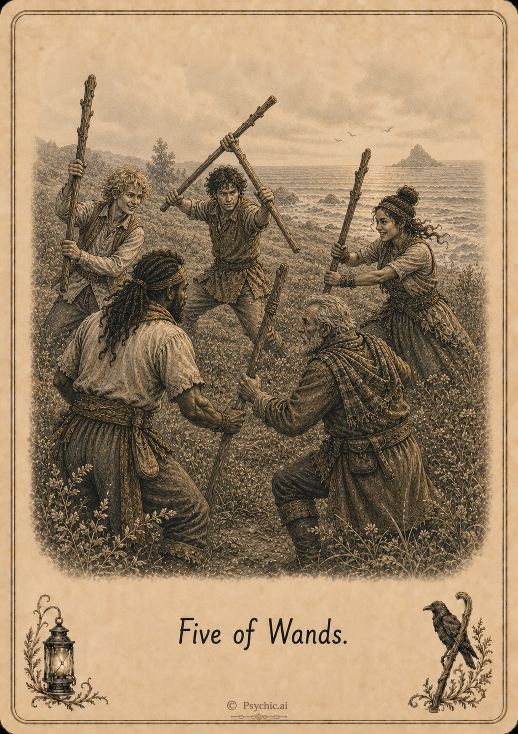 Five of Wands tarot card illustration